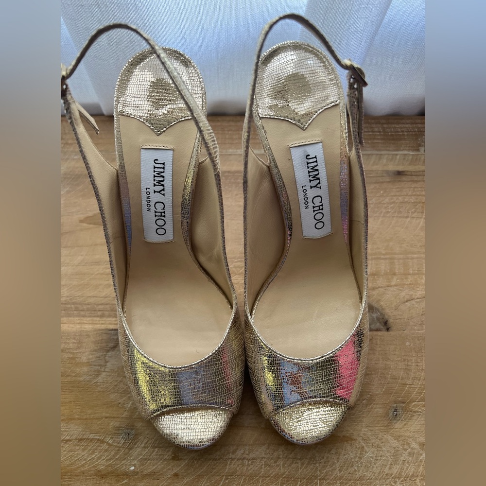Jimmy Choo Nova Gold Peep Toe Slingback Heel in Women’s Size 37.5 - Picture 4 of 10